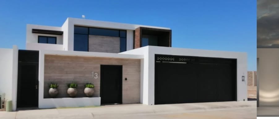 Fachada de casa residencial de dos plantas con cochera